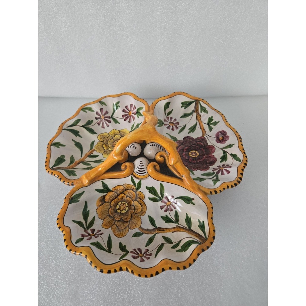 F.R. Italian Pottery Footed Divided Floral Serving Dish Handle Handpainted Italy